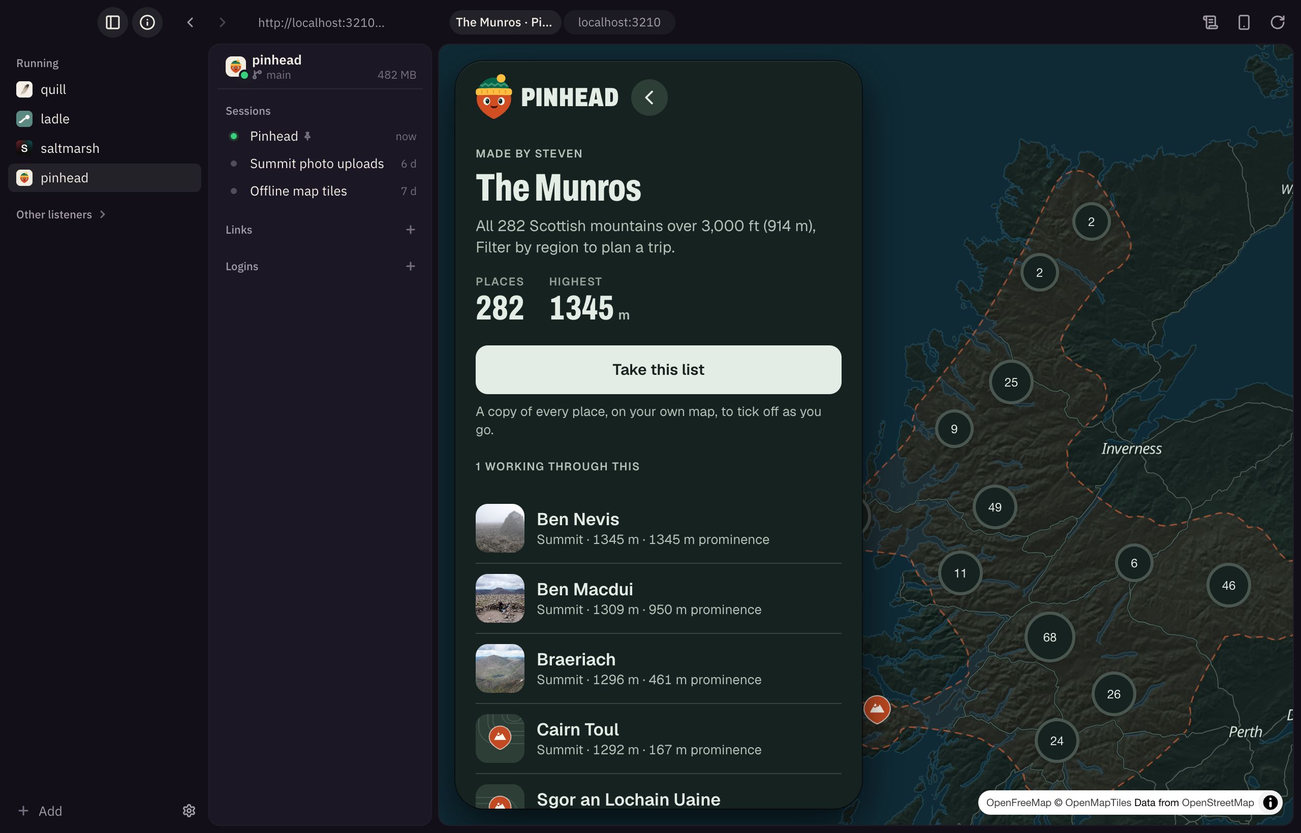 Platter with Pinhead running: four projects listed on the left, Pinhead’s three Claude sessions in the panel beside it, and its Munros map previewed on the right.