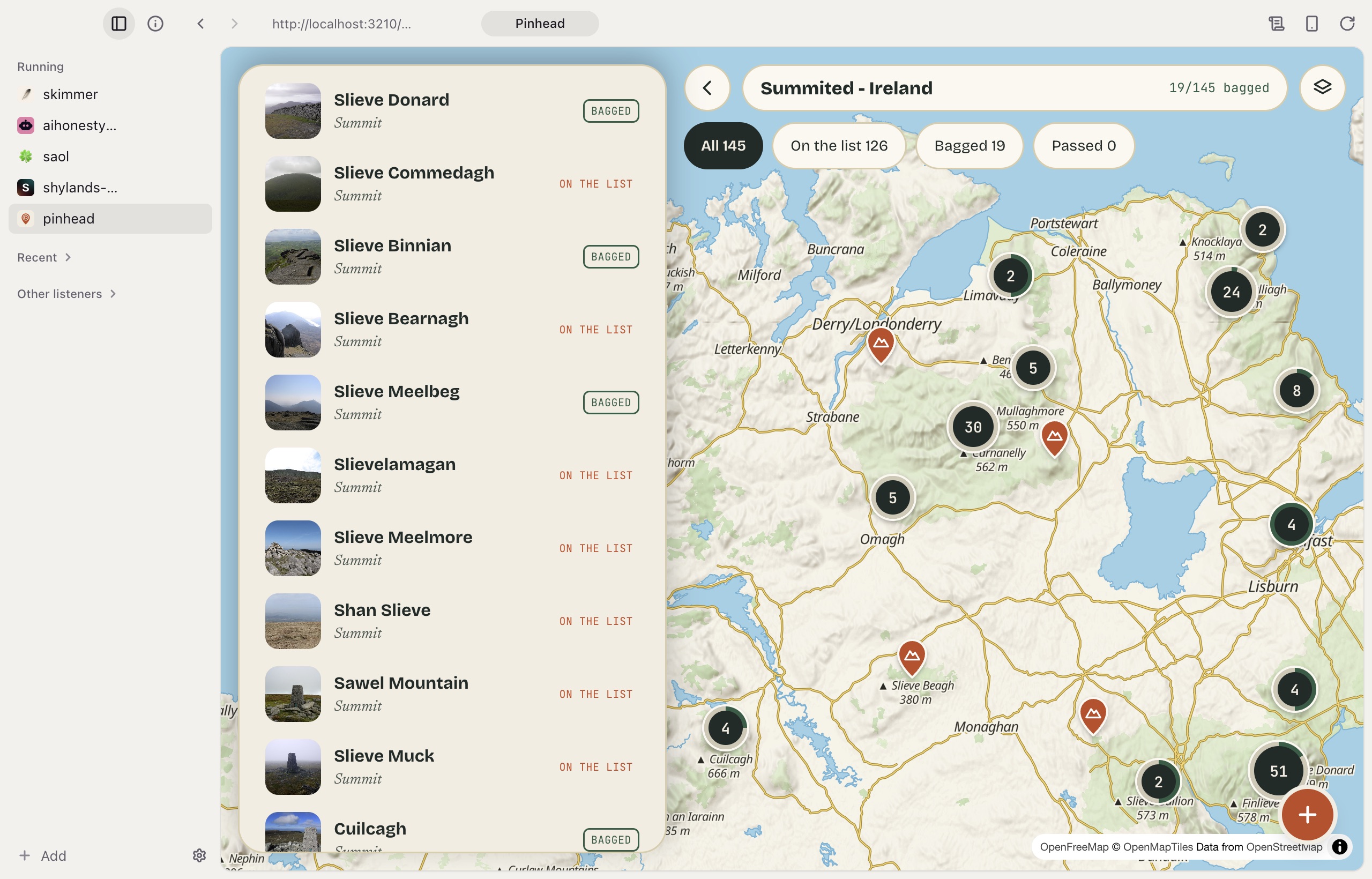 Platter with five running projects in the sidebar and one of them, Pinhead, a hill-walking map, previewed on the right.